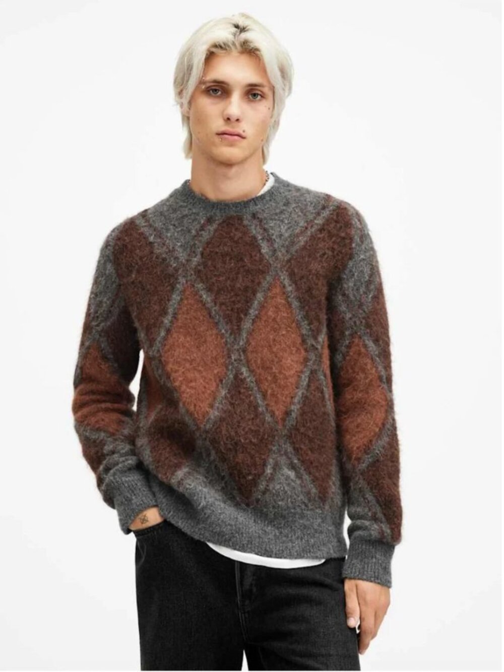 All Saints Brown & Gray Mohair Argyle Crewneck Sweater